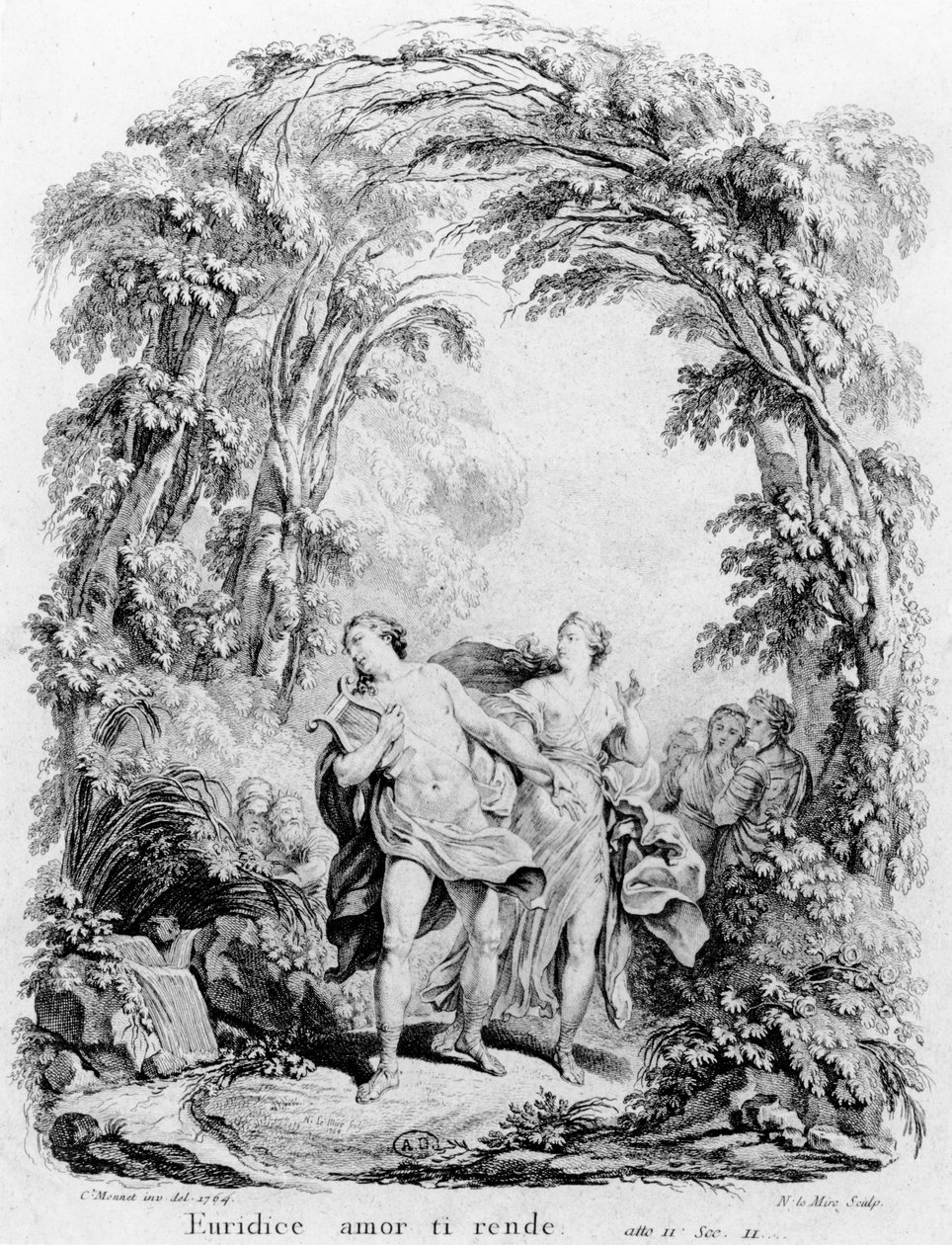 Orfeus vyvedl Eurydiku z pekla, ilustrace k opeře „Orfeus a Eurydika“ od Christopha von Glucka (1714-87) od Charles Monnet