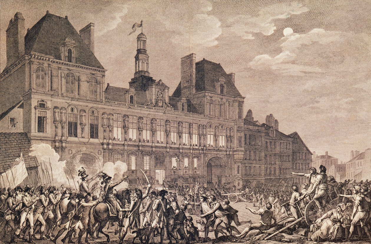 Robespierre, Saint-Just, Couthon a Hanriot se ukrývají v pařížském Hotelu-de-Ville, 9. thermidor II (27. července 1794) 1800 od Charles Monnet