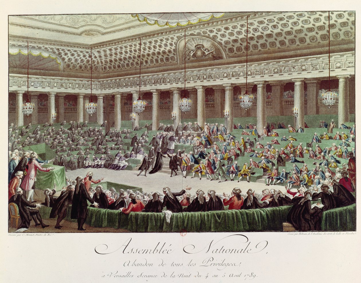 Národní shromáždění se vzdává všech privilegií, 4. srpna 1789, vyryto Helmanem (1743-1809) (barevná rytina) (viz 104584) od Charles Monnet