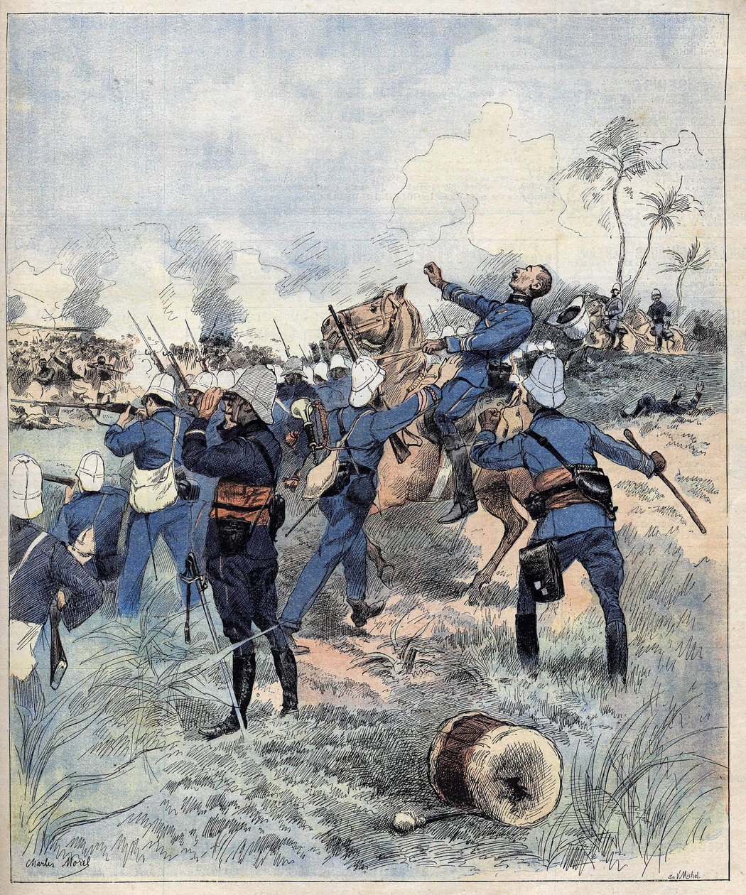 Velitel Faurax zemřel v bitvě u Dogby dne 19. září 1892 v Dahomey (nyní Benin) po aquerelle de Morel v roce 1892. od Charles Morel