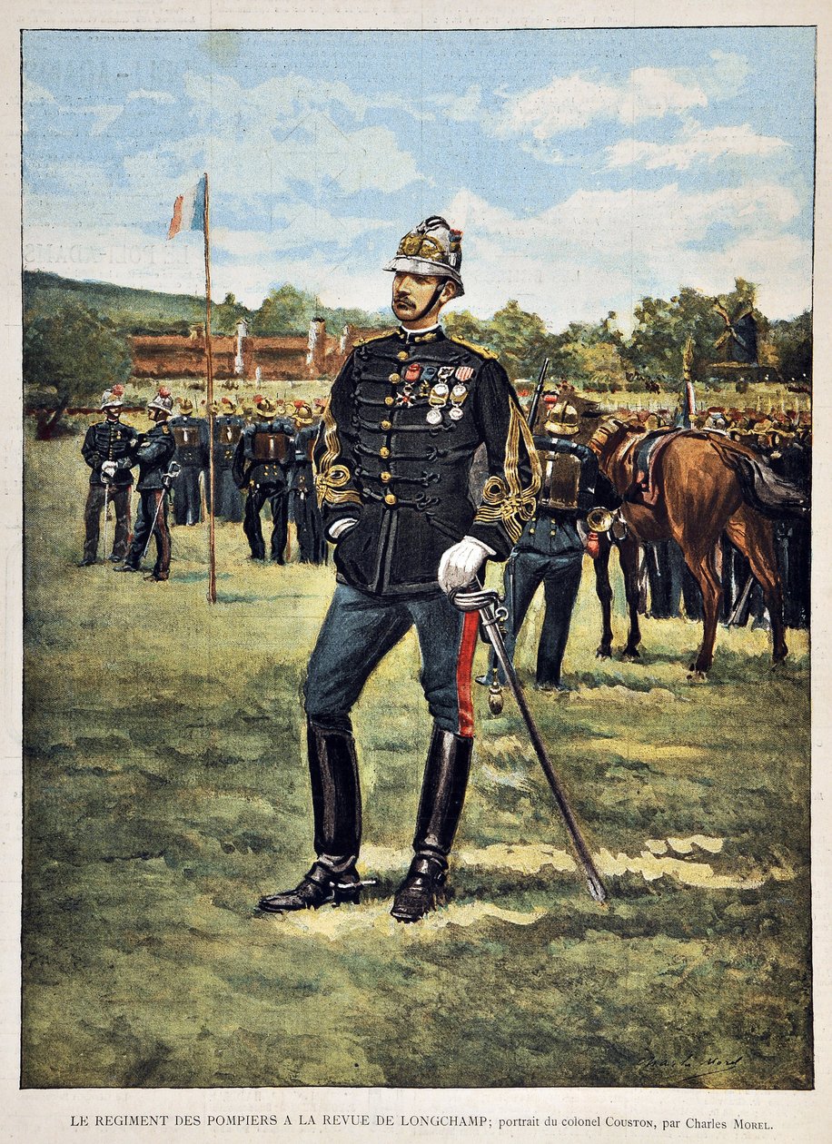 Hasičský pluk má časopis Longchamps (Portrét plukovníka Coustona), ilustrace Charlese Morela (1861-1908). Rytina z roku 1887 v týdeníku Paris-Illustrous journal. od Charles Morel