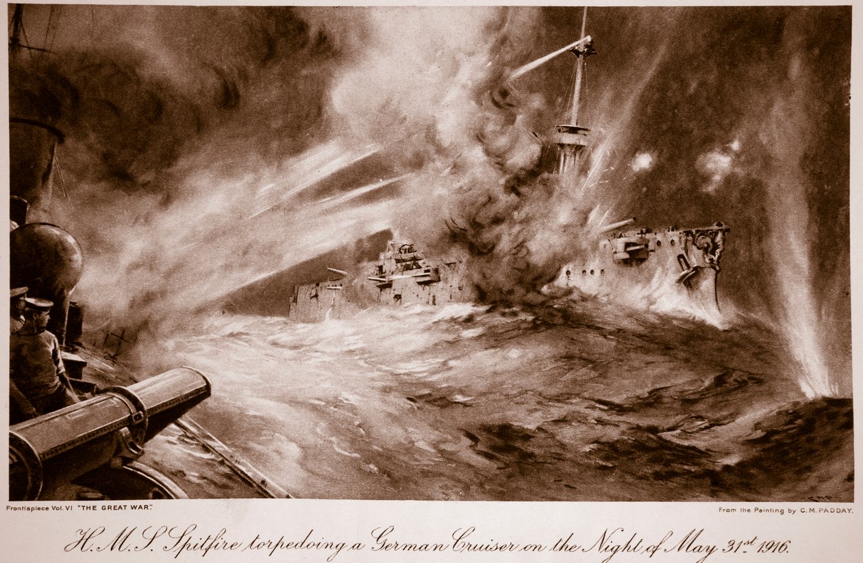 H.M.S Spitfire torpédující německý křižník v noci 31. května od Charles Murray (after) Padday