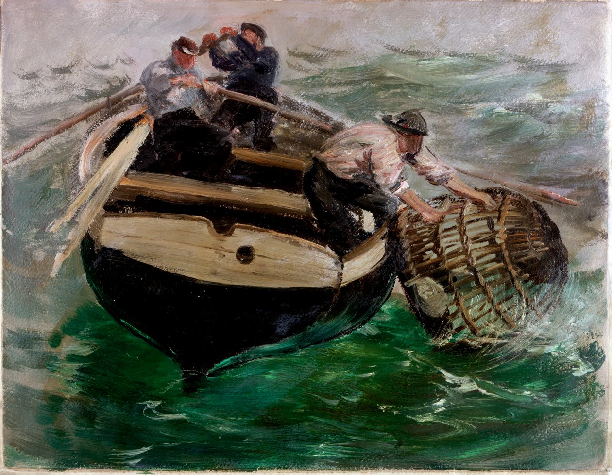 Vytahování v nádobách na humry (olej na papíře) od Charles Napier Hemy