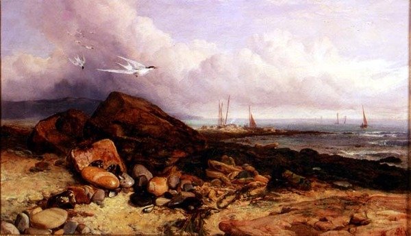 Scéna na pobřeží s rybářskou lodí a rybáky od Charles Napier Hemy