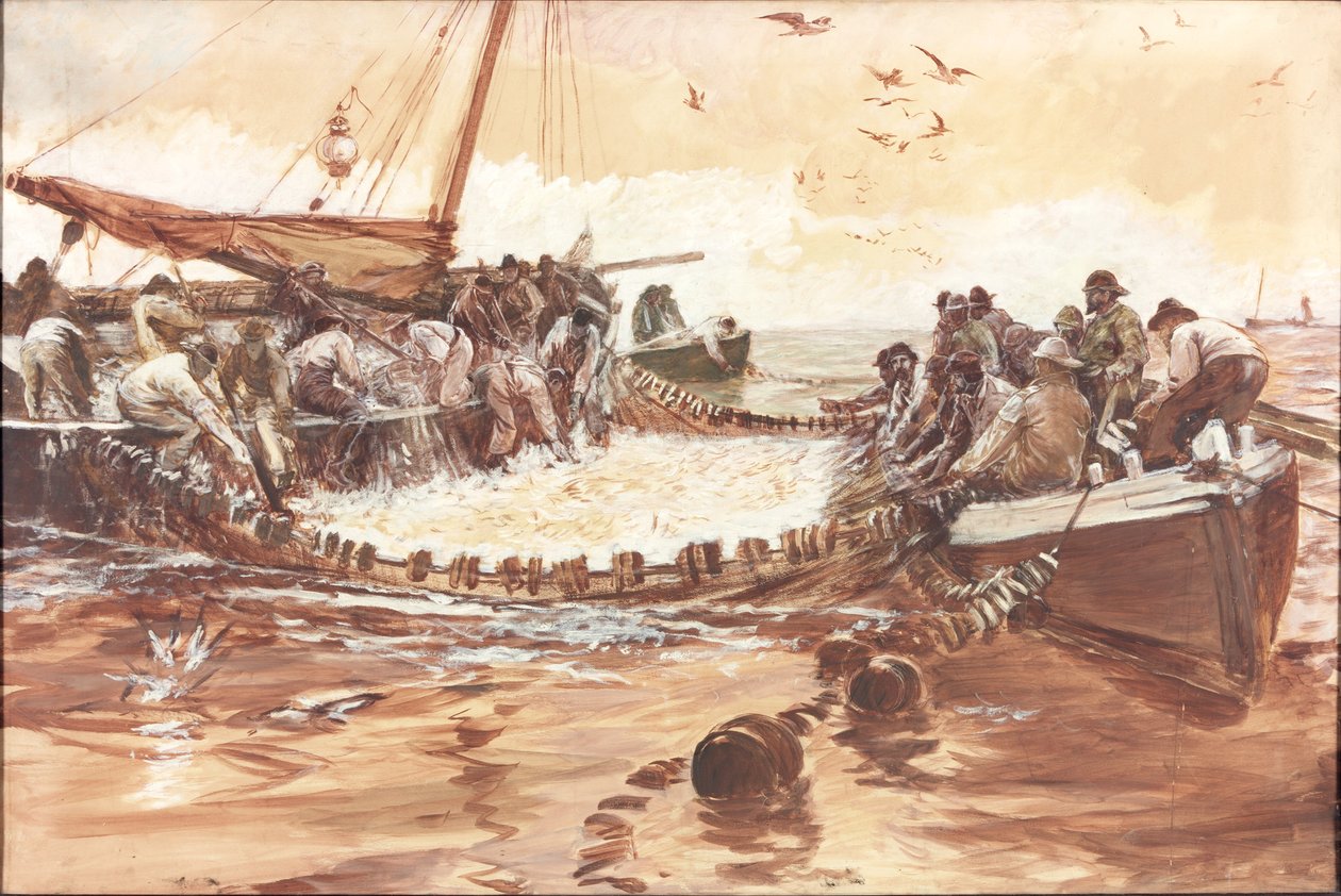 Studie k filmu "Pilchards" (čb a čb na papíře) od Charles Napier Hemy