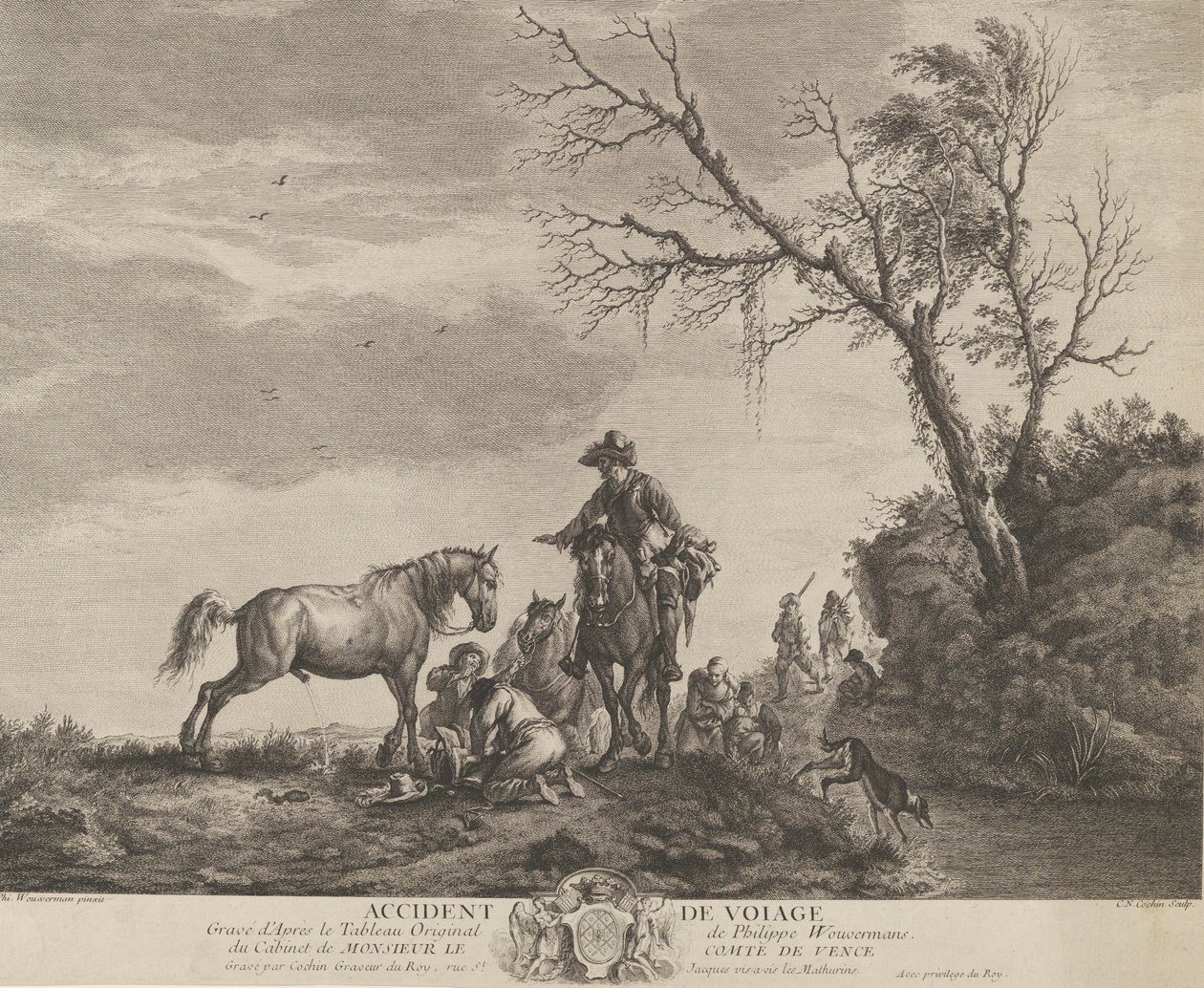 Nehoda při cestování, klečící muž opravující rozbité sedlo, kůň močící na ..., 1740-50. od Charles Nicolas Cochin
