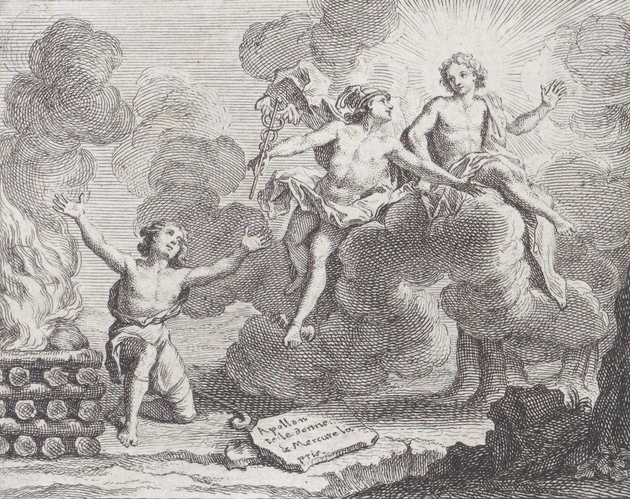 Apollo, Merkur a pastýřky, Fable X in La Motte, Fables Nouvelles, 1719., 1719. od Charles Nicolas Cochin
