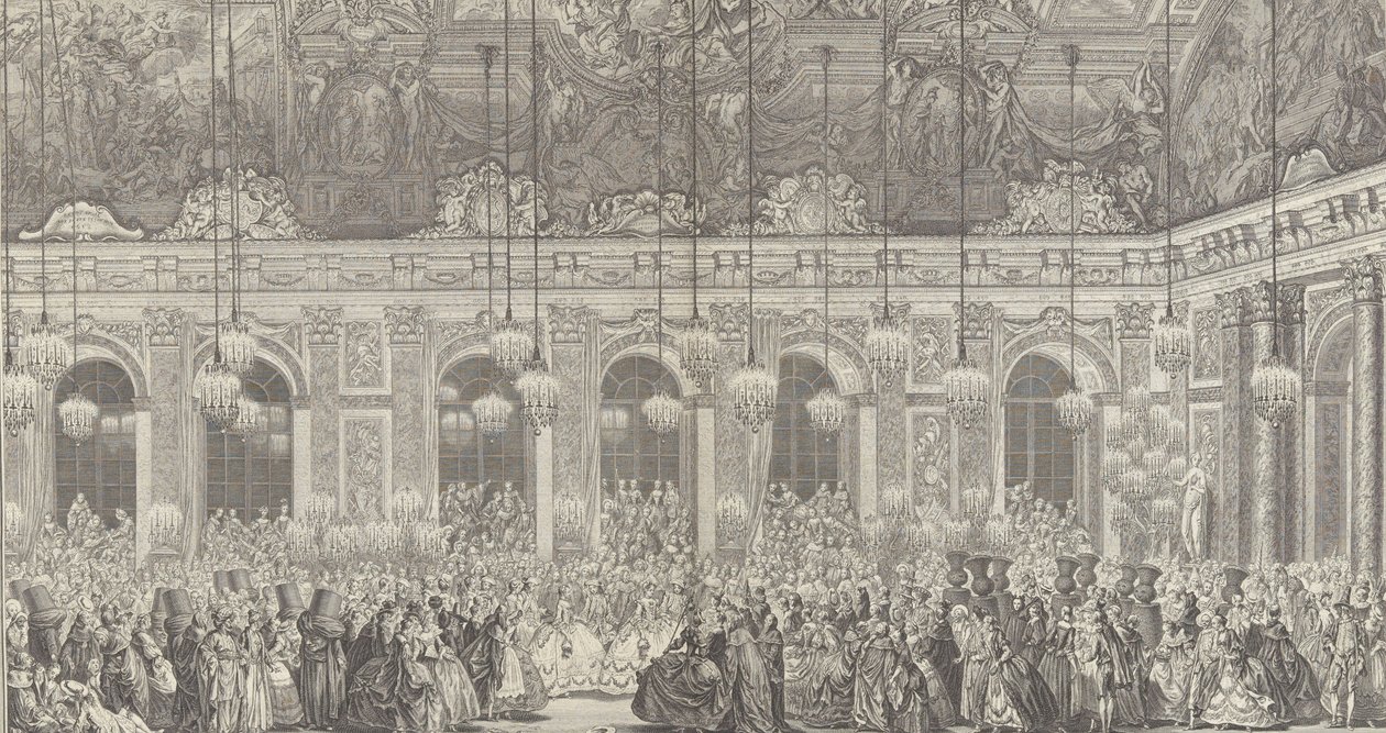 Dekorace pro maškarní ples ve Versailles, u příležitosti t..., ca. 1860 dotisk desky z roku 1764. od Charles Nicolas Cochin