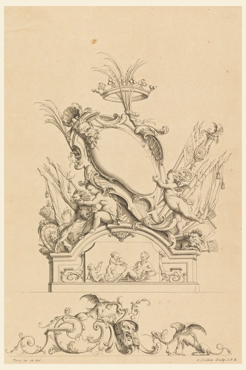 Design pro kartuši s korunou, dvěma putti podávajícími Baccha a dvěma lvy od "Cartouches Nouvellement Inventez" od Charles Nicolas Cochin the younger