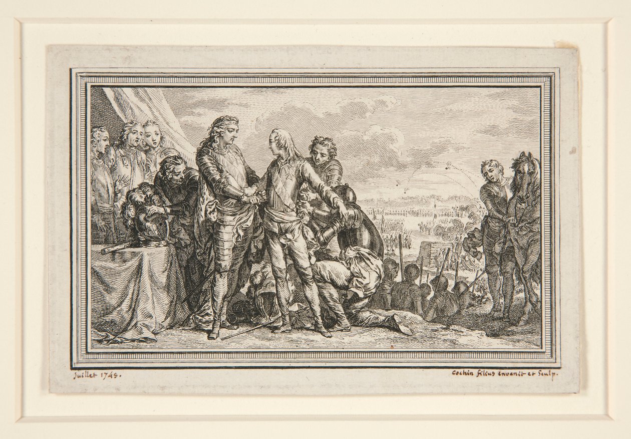 Le Roi arme le Dauphin a Fontenoy (Král vyzbrojuje dauphina ve Fontenoy) od Charles Nicolas Cochin the younger