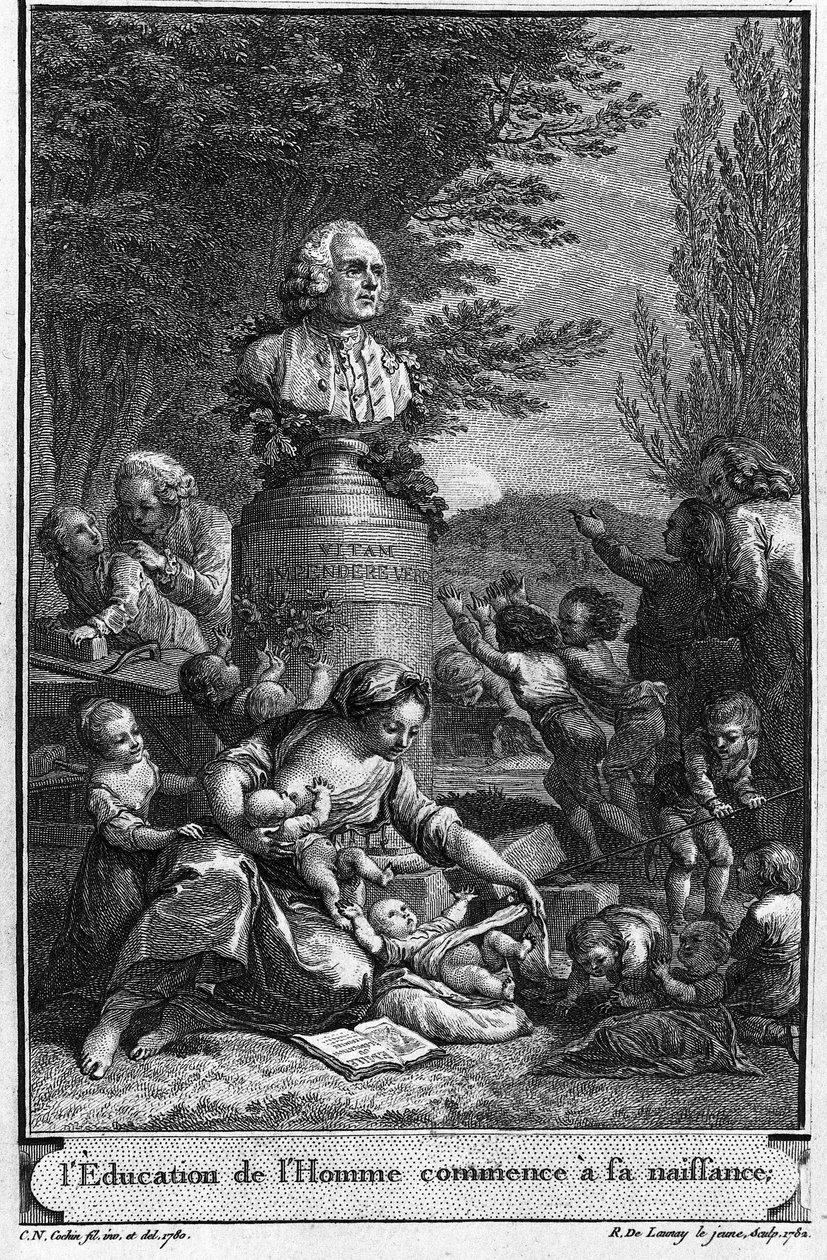 Lidská výchova začíná narozením. Frontispice (1782) Jean Jacques Rousseau vyrytý Robertem Delaunayem mladým (1749-1814) podle kresby (1780) Charlese Nicolase Cochina mladého (1715-1790) s bustou spisovatele. od Charles Nicolas II (after) Cochin