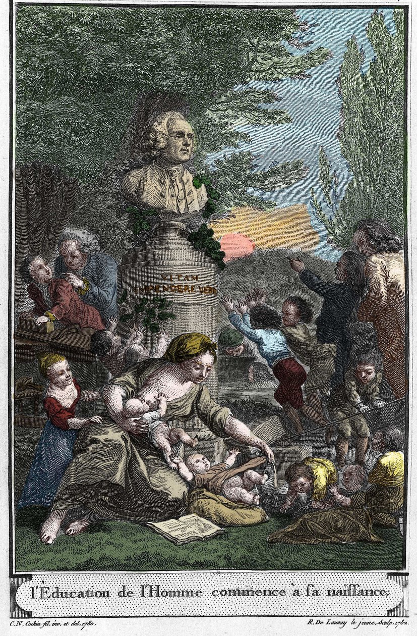 Lidská výchova začíná narozením. Frontispice (1782) „“L