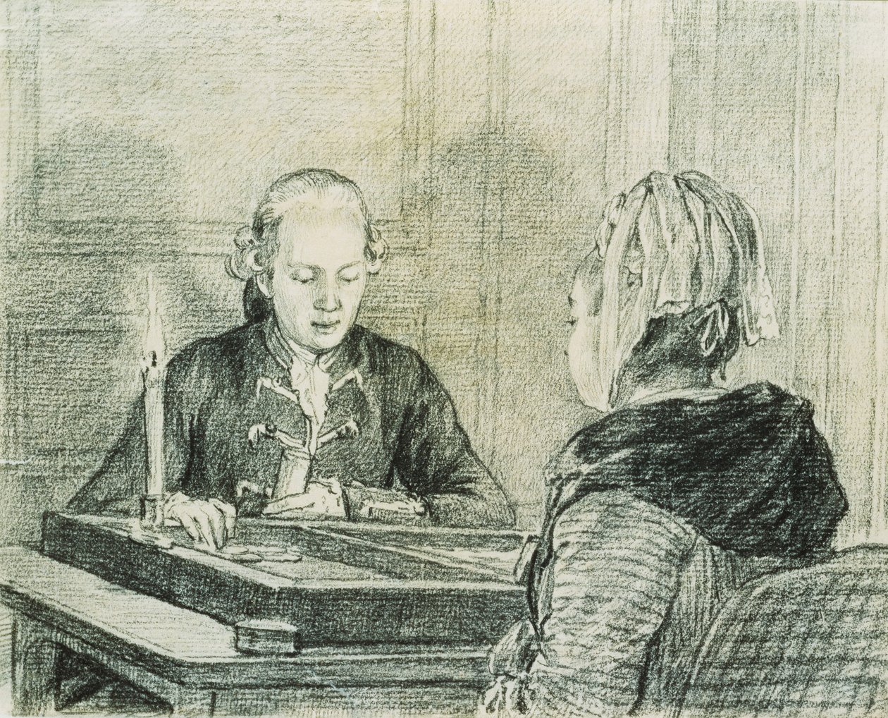 Sedící pár, dáma při pohledu zezadu, hraje Backgammon při svíčkách od Charles Nicolas II Cochin