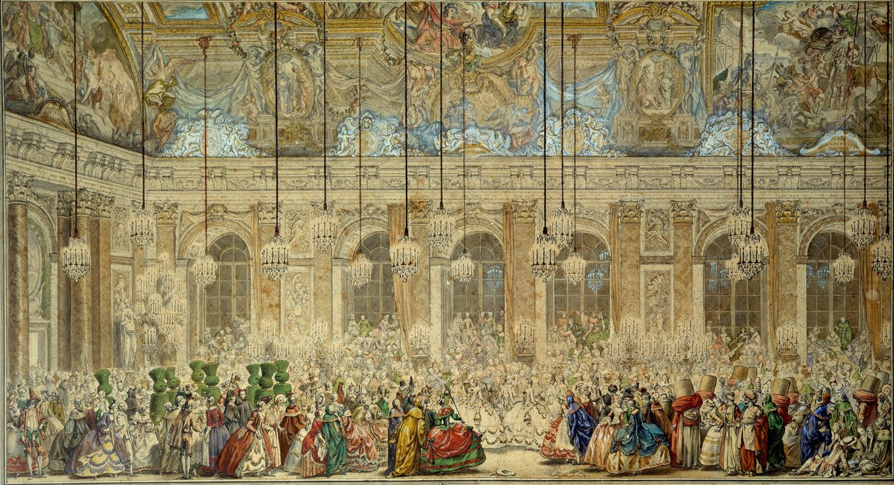 Plesová maska nebo ples Ifů na svatbu Louise Dauphina z Francie (1729-1765) s Marií Therese (Marie-Therese) ze Španělska v Galerii Glace ve Versailles v únoru 1745 Kresba perem a inkoustem Charles Nicolas Cochin le Jeune (1715-1790) od Charles Nicolas II Cochin
