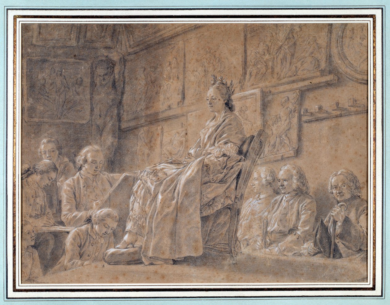 Soutěž o převzetí hlavy výrazu Různí umělci v dílně zobrazující model sedící na křesle. Kresba Ch. Nicolas Cochin (1715-1790) 1763 Paříž. Muzeum karnevalu od Charles Nicolas II Cochin