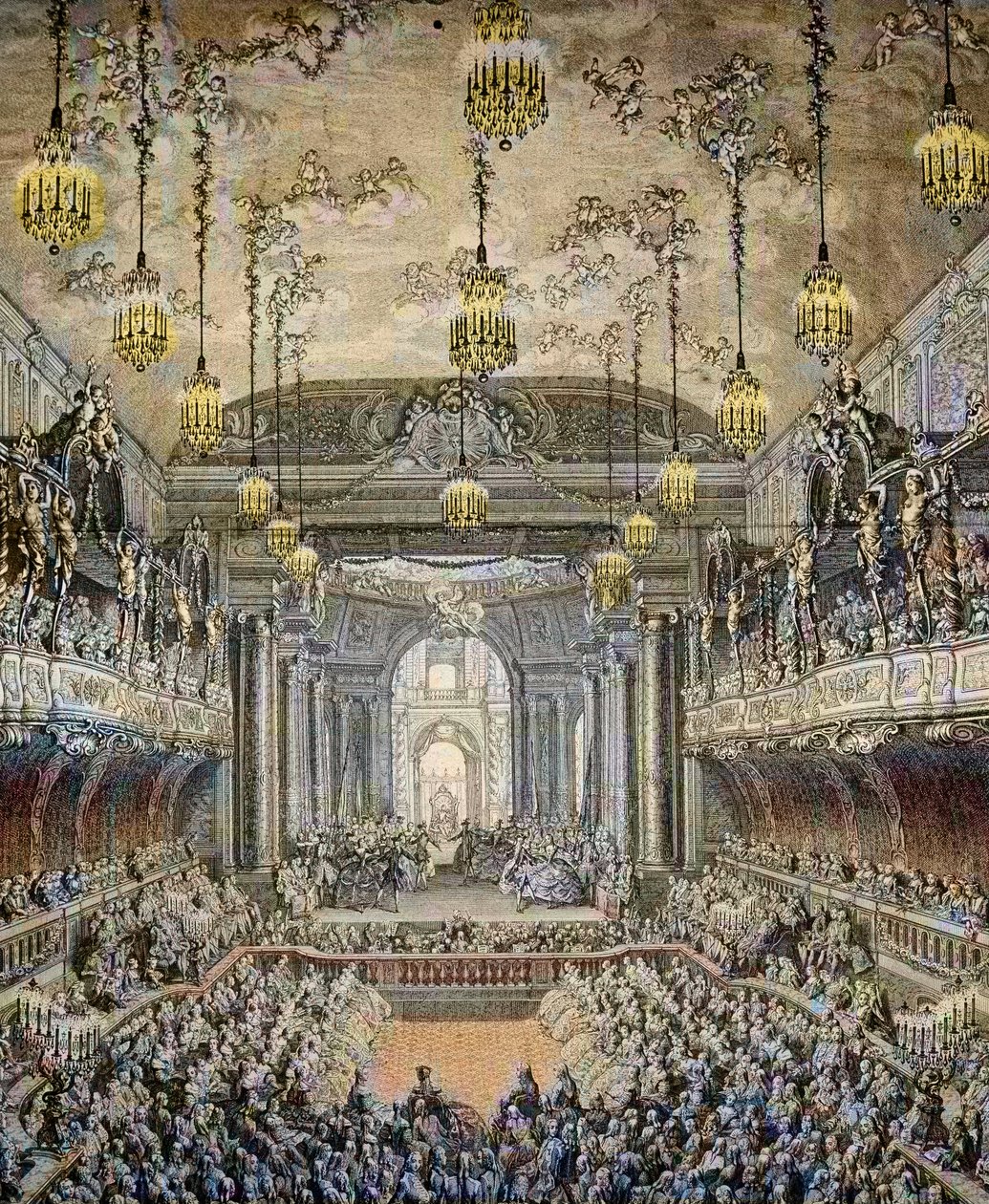 Reprezentace baletní komedie „La Princesse de Navarre““ ve Versailles, u příležitosti sňatku Louise Dauphina z Francie s Marií Therese (Marie-Therese) ze Španělska (1726-1746) ve Versailles dne 23. února od Charles Nicolas II Cochin