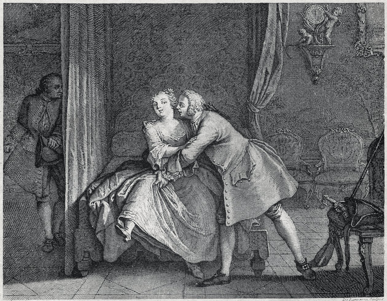 Ilustrace sluchadla a stojánku forem pro Les contes de La Fontaine, cca 1743”. rytina Charles-Nicolas Cochin (1715-1790). od Charles Nicolas II Cochin