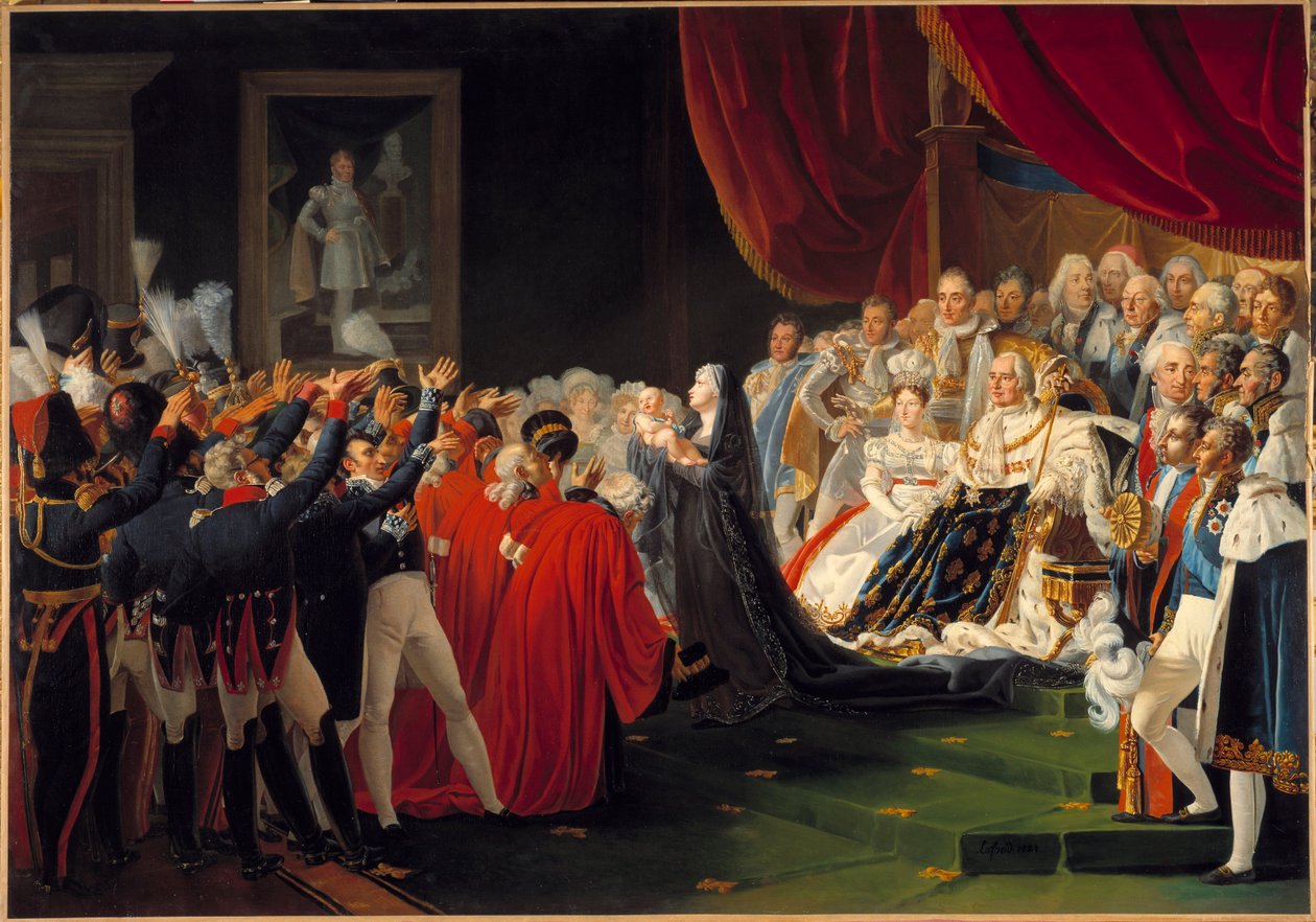 Vévodkyně z Berry představuje svého syna vévodu z Bordeaux lidu a armádě: Marie Caroline de Bourbon Sicily, vévodkyně z Berry, představuje svého syna vévodu z Bordeaux lidu a armádě za přítomnosti krále Ludvíka XVIII. obklopuje od Charles Nicolas Raphael Lafond