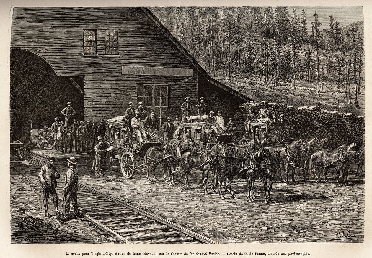 Stanice Reno, pro označení Virginia City (Nevada), na Central Pacific Railway (Central Pacific), vyryto podle kresby O. de Penne, ilustrující cestu z Washingtonu do San Francisca v roce 1868 od L. Simonin, publikované v „Le t od Charles Oliver de Penne