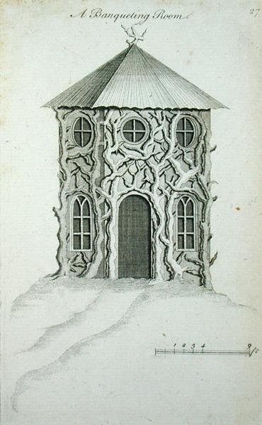 Banketní místnost, z „Ornamentální architektury v gotickém, čínském a moderním vkusu“, vydáno 1758 (rytina) od Charles Over