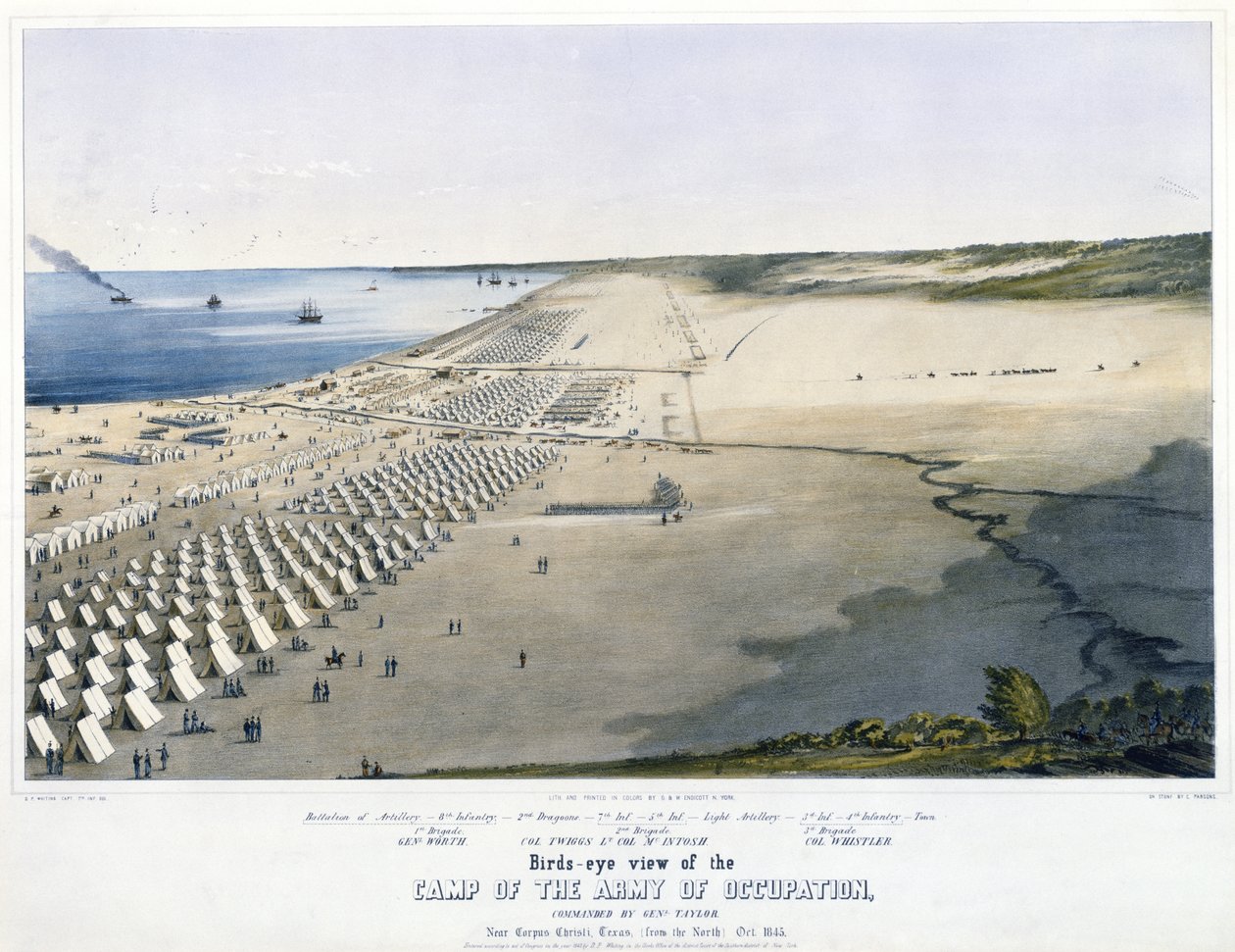 Pohled z ptačí perspektivy na Tábor okupační armády, kterému velel Genl. Taylor. Poblíž Corpus Christi, Texas, [ze severu] říjen 1845. od Charles Parsons