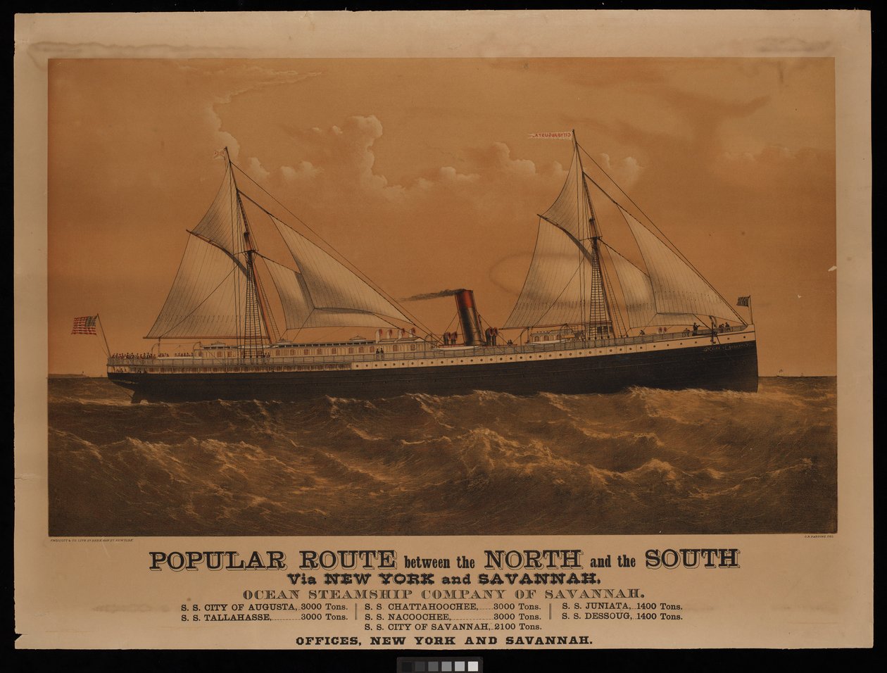 Oblíbená trasa mezi Severem a Jihem přes New York a Savannah, Ocean Steamship Company of Savannah... City of Augusta... (litografie, kolorovaná) od Charles Parsons