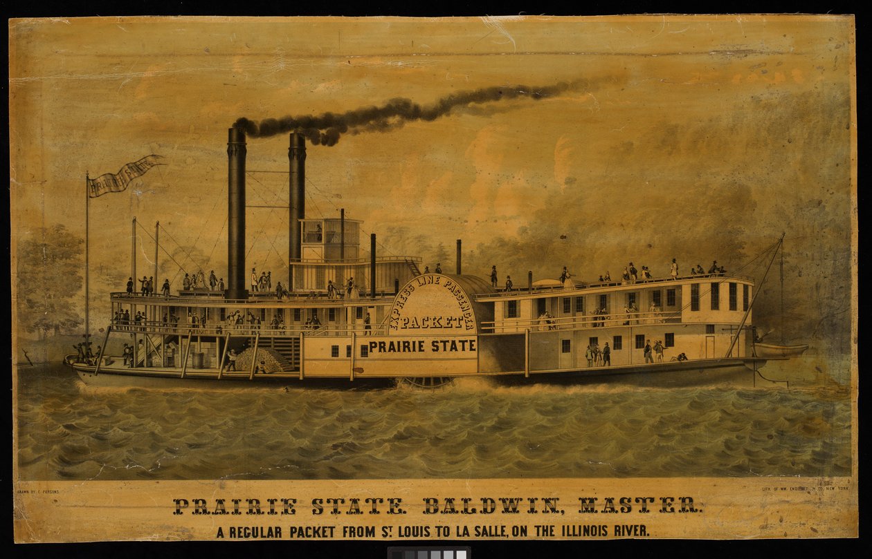 Prérijní stát. Baldwin, mistr. Pravidelná plavba ze St. Louis do La Salle na řece Illinois (litografie, kolorovaná) od Charles Parsons