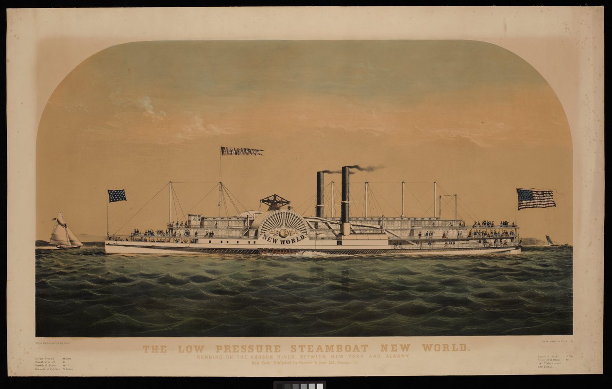 Nízkotlaký parník Nový svět. Plavba po řece Hudson mezi New Yorkem a Albany (litografie, kolorovaná) od Charles Parsons