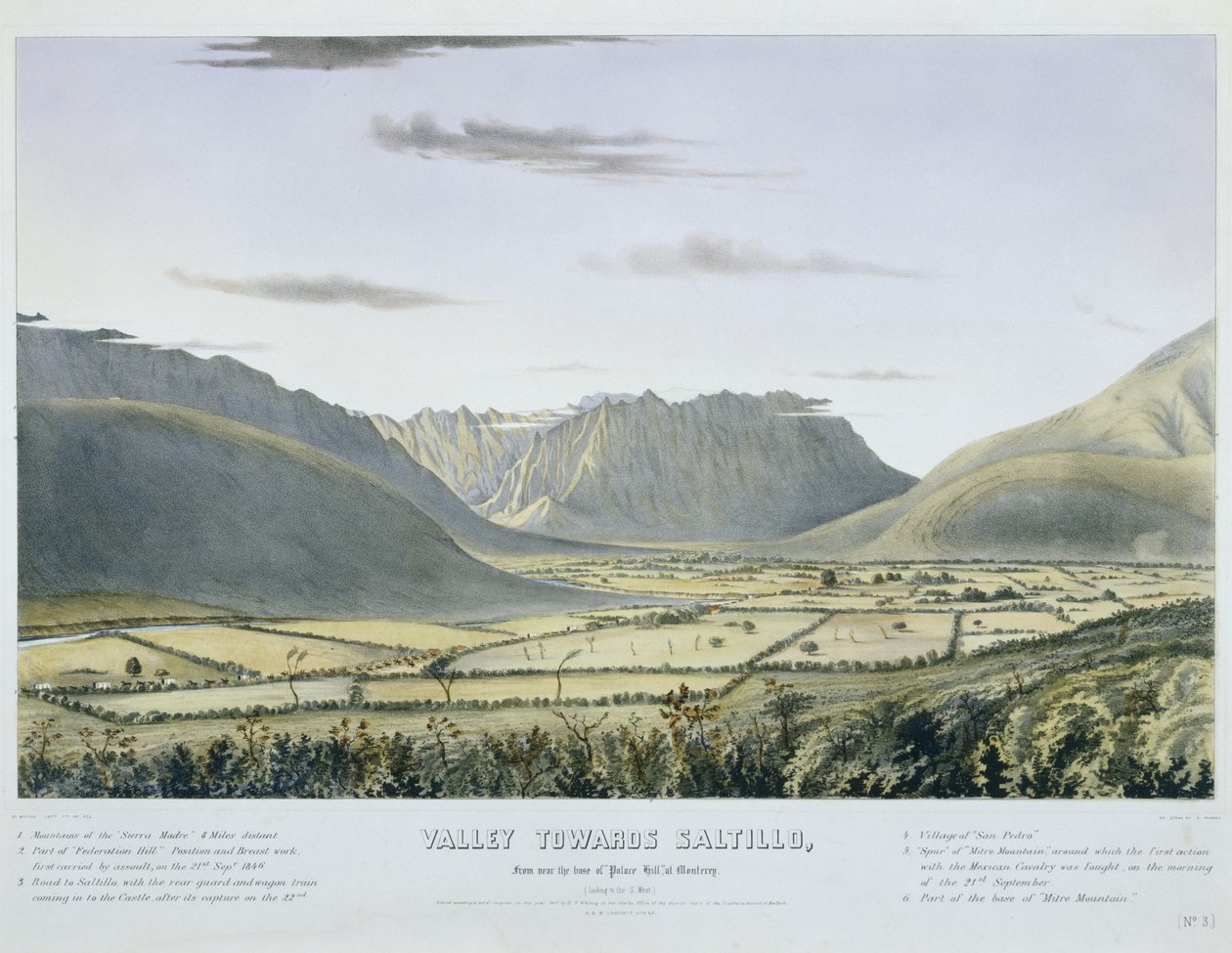 Údolí směrem k Saltillo, z blízkosti základny "Palace Hill" v Monterey. [Při pohledu na S. Západ.]... [Ne. 3.] [se zadním vozem a vagonovým vlakem americké armády vjíždějícím do Hradu po jeho kapitulaci]. od Charles Parsons