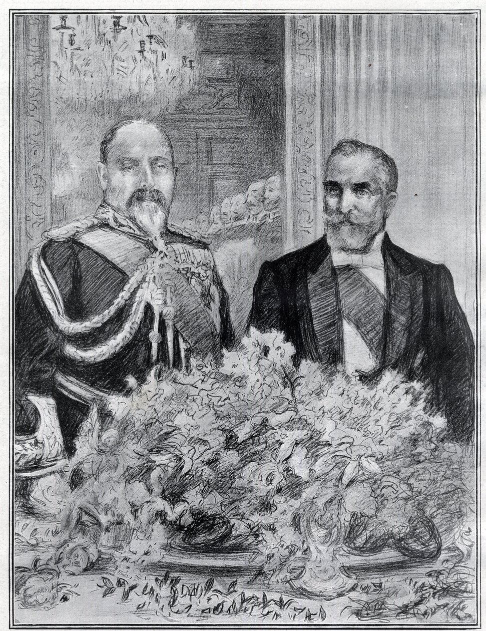 Cordial: návštěva francouzského prezidenta Emila Loubeta v Londýně - banket na francouzském velvyslanectví - King Edward VII a Loubet - nakreslil Paul Renouard pro noviny The Graphic. července 1903. od Charles Paul Renouard