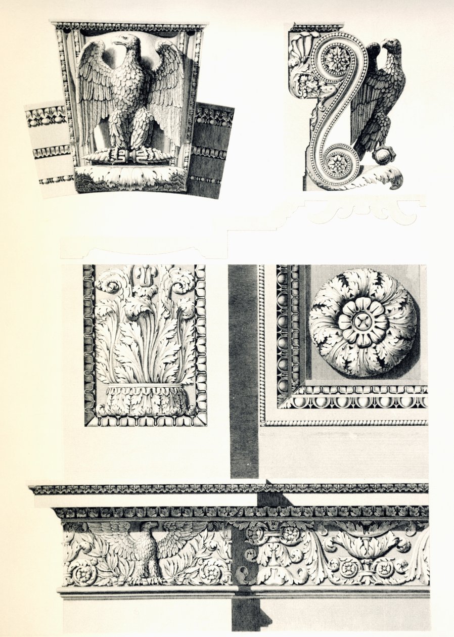 Dekorace s orly, rozetami a akantovými listy pro Arc de Triomphe du Carrousel, Charles Percier (1764-1838) a Pierre Francois Leonard Fontaine (1762-1853), rytina Louis Pierre Baltard (1764-1846), detail, Francie od Charles Percier