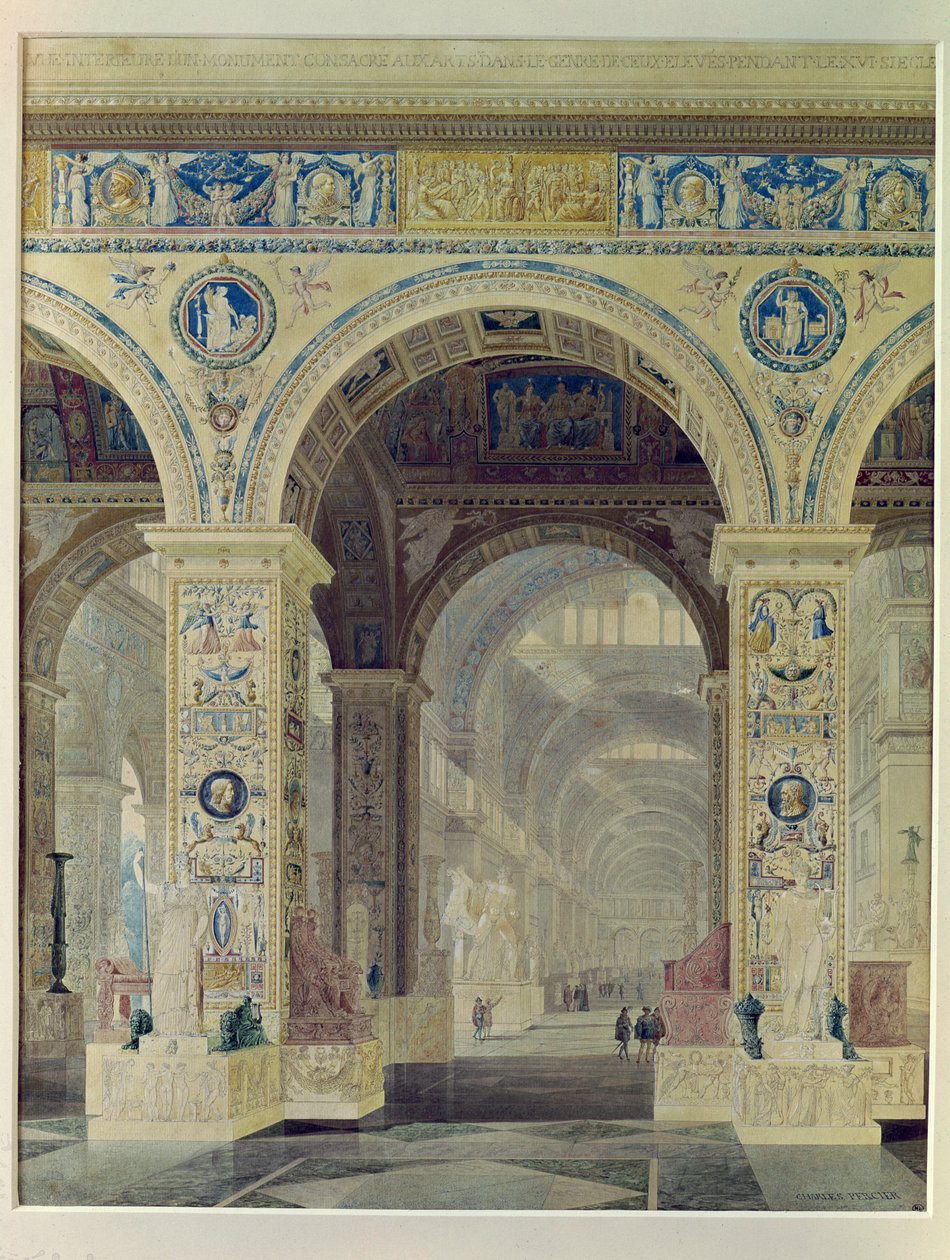 Vnitřní pohled na Louvre (kvaš a wc na papíře) od Charles Percier