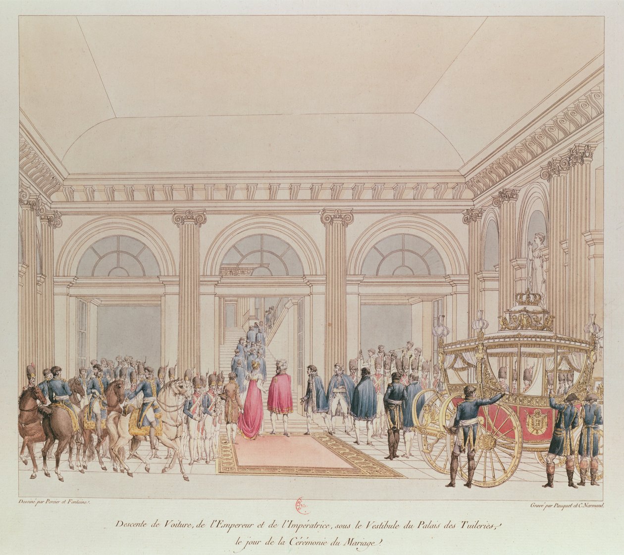 Sestup císaře a císařovny z kočáru pod vestibulem paláce Tuileries v den jejich sňatku (barevná rytina) od Charles Percier