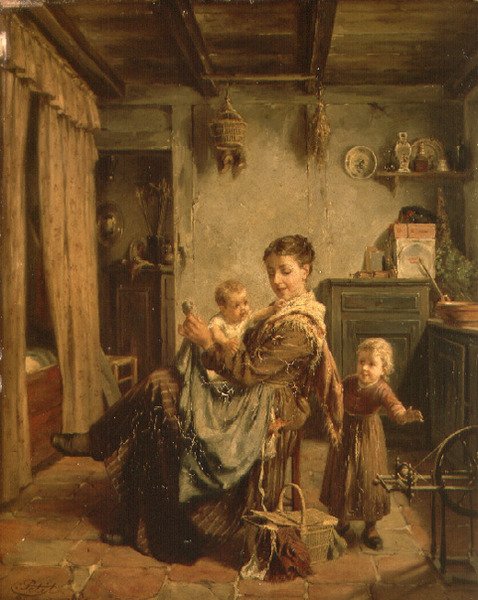 Cache-Cache, interiér s matkou a dítětem od Charles Petit