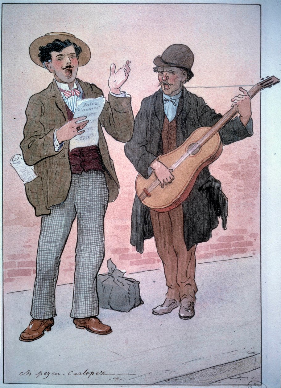 Small Metiers of Paris: pouliční zpěváci. Kresba Charlese Pezeu dit Carlopez (20. století) od Charles Pezeu Carlopez