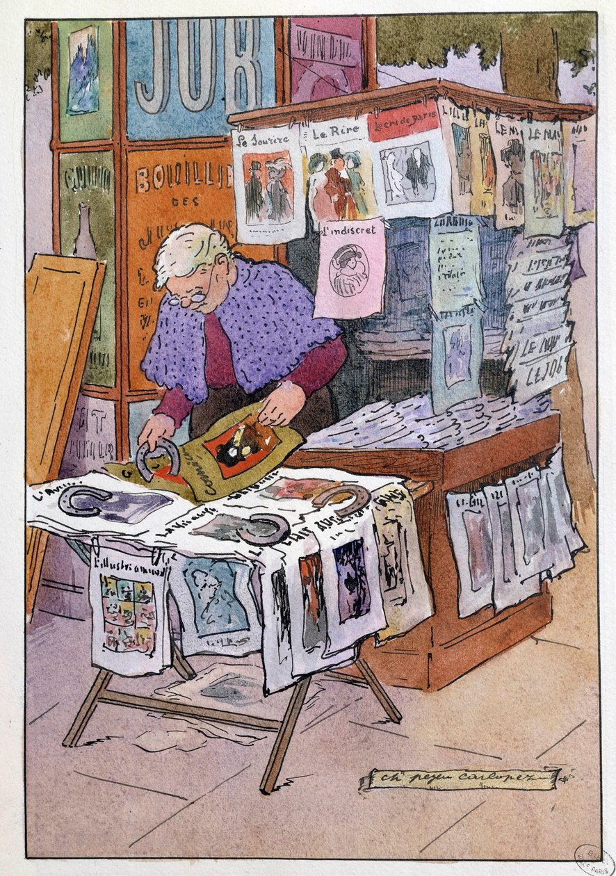 Small Metiers of Paris: v kiosku jsou noviny. Kresba Charlese Pezeu dit Carlopez (20. století) od Charles Pezeu Carlopez