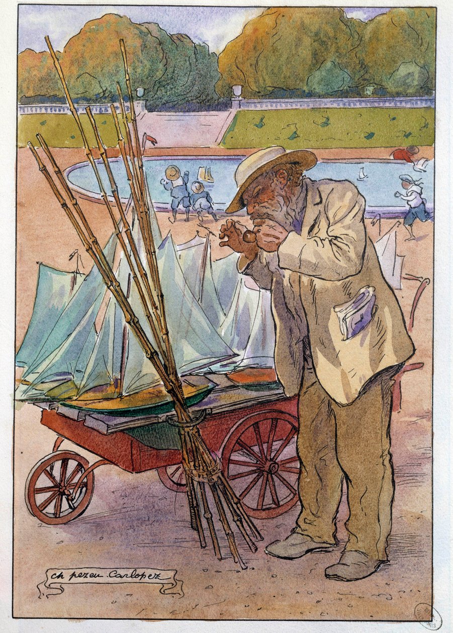 Obchodník s loděmi v Tuileries Garden v roce 1909 Kresba Charlese Pezeu dit Carlopez (20. století) od Charles Pezeu Carlopez