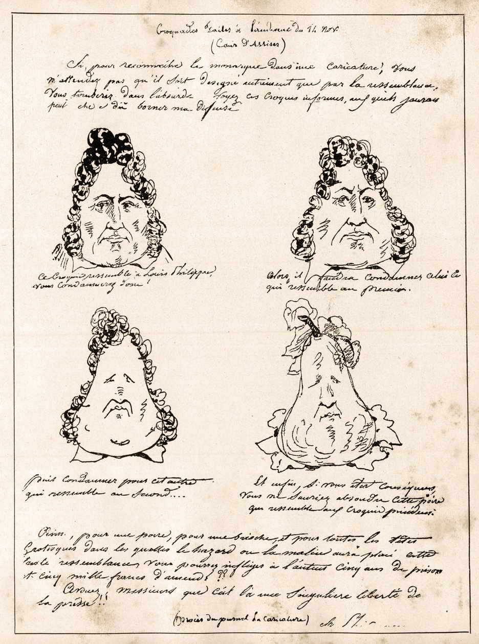 Krokvády vyrobené na slyšení 14. listopadu - kreslený film Louis Philippe v hrušce od Charlese Philipona (1800-1862) - 1832 - (Louis-Philippe se postupně mění v hrušku) od Charles Philipon
