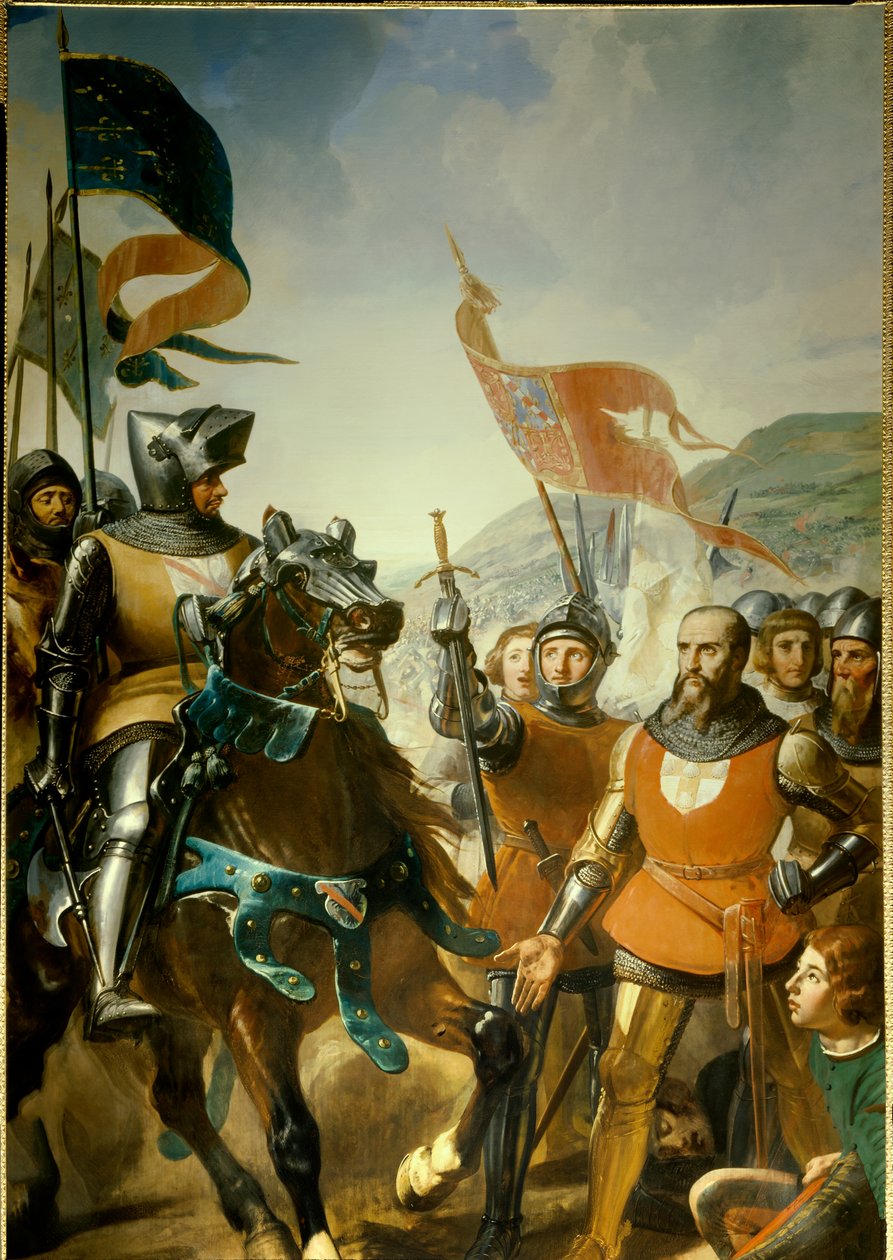 Stoletá válka (1337-1453): detail „“ bitvy u Cocherel, poblíž Evreux, kterou vyhrál Bernard du Guesclin (1320-1380) na vojsku navarrského krále, 16/05/1364““ Malba od Karla Philippe Lariviere (1798-1876) kolem 1837 Sun. 4,2x2,6m. od Charles Philippe Lariviere