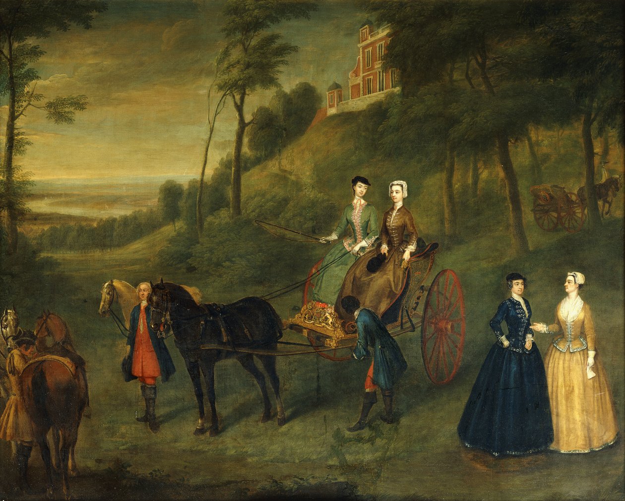 Ladies and Maids of Honor v Greenwich Park: Skupinový portrét Juliany, vévodkyně z Leedsu, lady Charlotte Hamiltonové, lady Isabelly Tuftonové a Henrietty, hraběnky z Pomfret, všichni nosí jezdecké návyky, se ženichem a koňmi před observatoří, 173 od Charles Phillips
