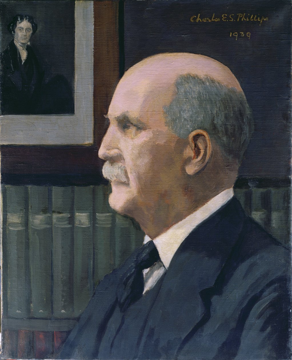 William Henry Bragg (1862-1942) s obrázkem Michaela Faradaya (1791-1867) v pozadí, 1939 od Charles Phillips