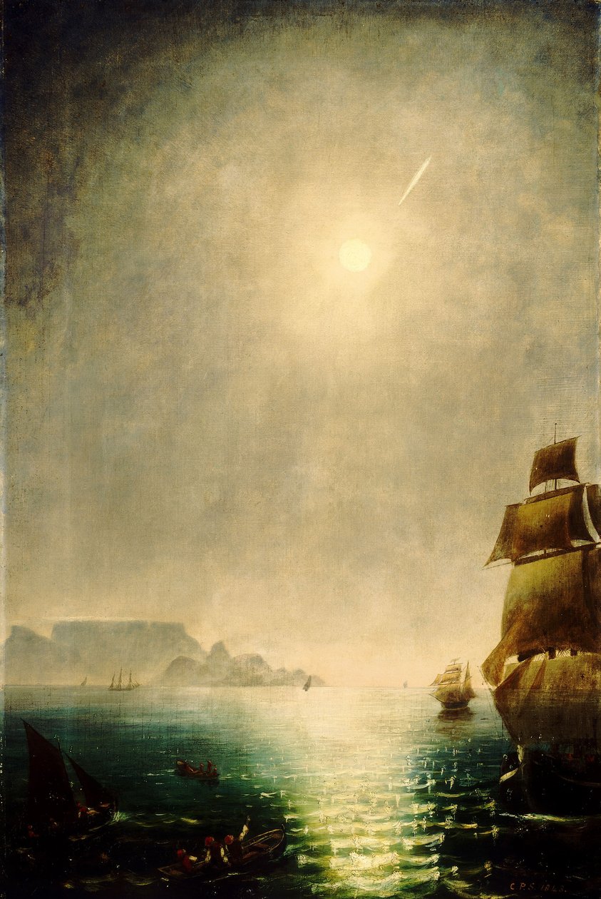 Pohled na zátoku Table Bay za svitu měsíce, kde je vidět Velká kometa z roku 1843 od Charles Piazzi Smyth