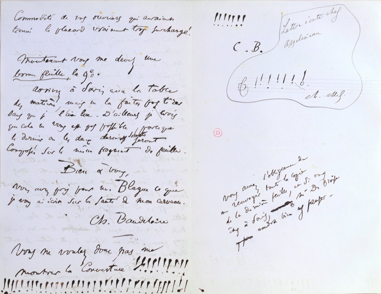 Poslední stránka dopisu Baudelairovu editoru Auguste Poulet-Malassisovi (1825-78) týkající se vydání „Les Fleurs du Mal, kolem 20. února 1857 (pero a inkoust na papíře) od Charles Pierre Baudelaire