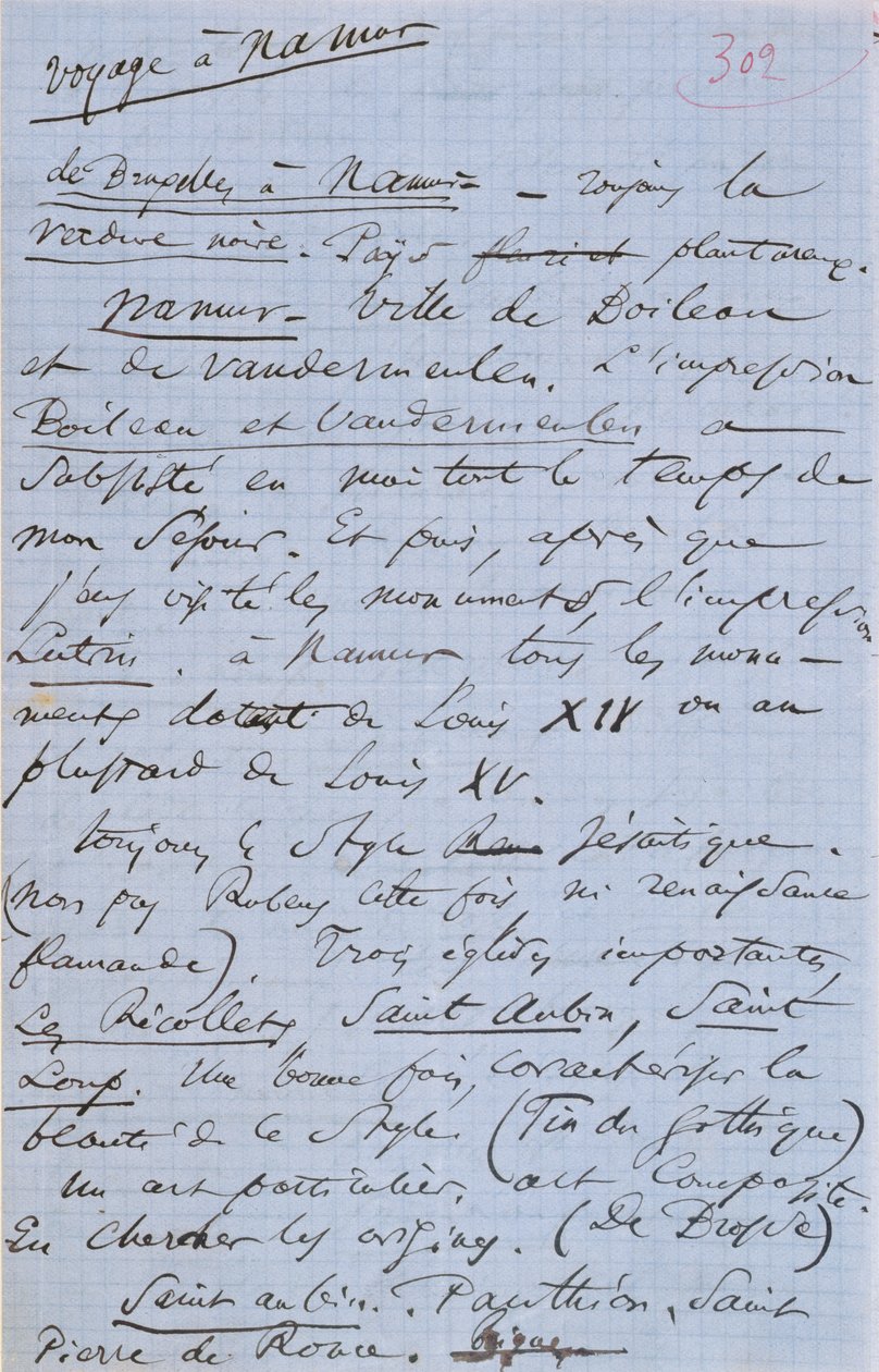 Strana 302 Baudelairovy brožury „Pauvre Belgique“ popisující jeho cestu do Namuru, 1864 od Charles Pierre Baudelaire