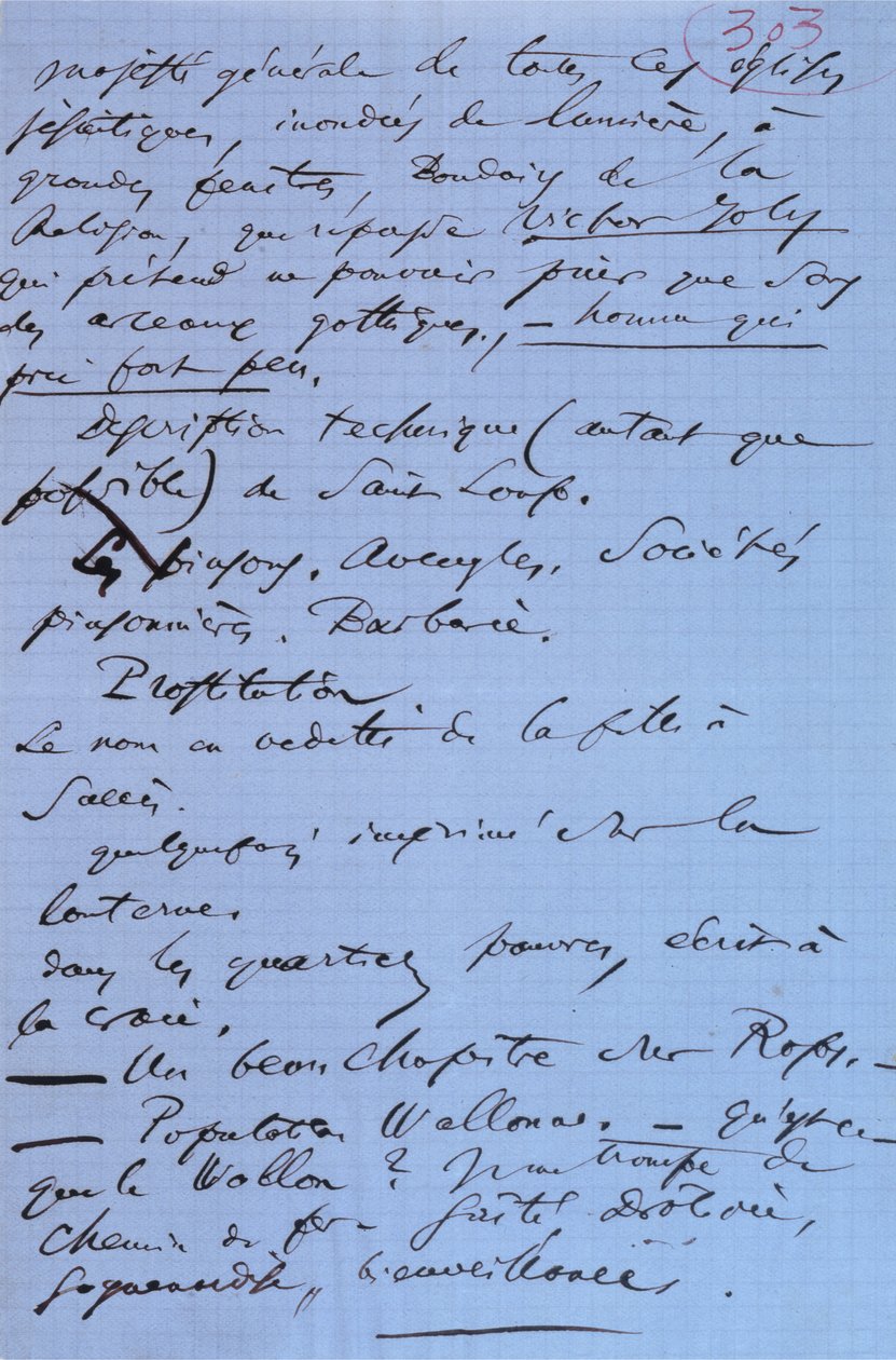 Strana 303 Baudelairovy brožury „Pauvre Belgique“ popisující jeho cestu do Namuru od Charles Pierre Baudelaire
