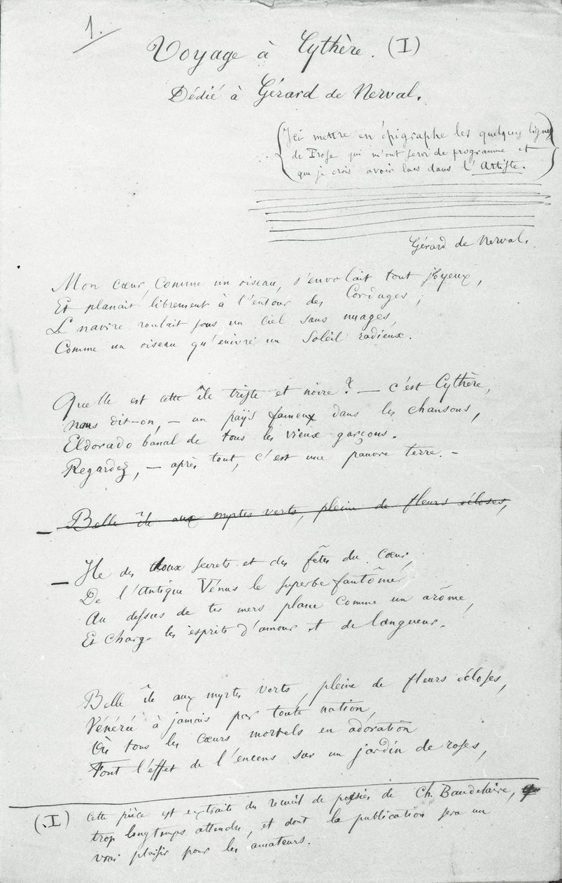 Autogramová báseň „Voyage a Cythere“ (pero a inkoust na papíře) (černobílá fotografie) od Charles Pierre Baudelaire