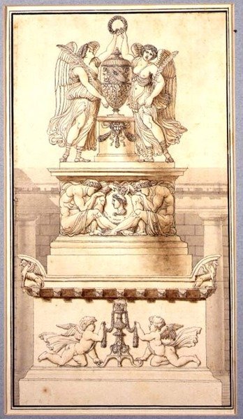 Návrh pohřebního pomníku římského generála, cca 1800 (křída, pero, inkoust a mytí na papíře) od Charles Pierre Joseph Normand