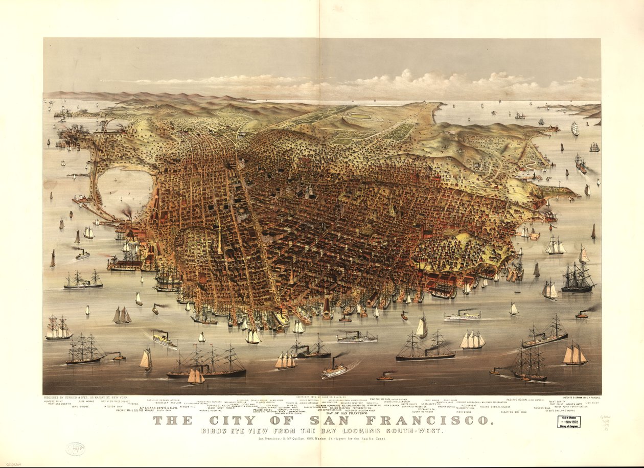 Město San Francisco. Pohled z ptačí perspektivy od zálivu na jihozápad od Charles R. Parsons