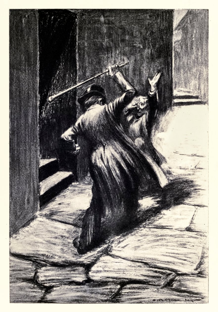 Přirazil ho k zemi“ z „Podivného případu doktora Jekylla a pana Hyda“ od Roberta Louise Stevensona od Charles Raymond Macauley