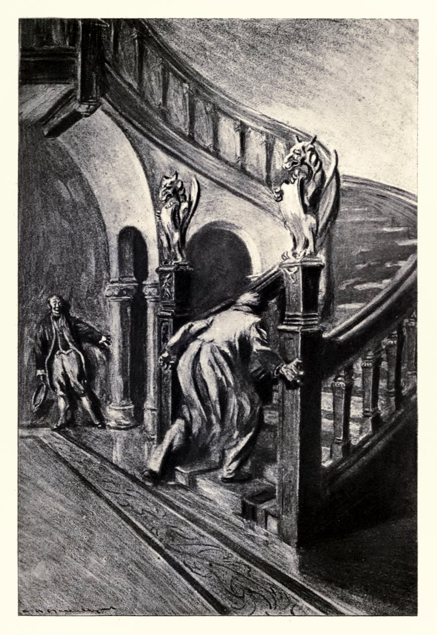 Vykřikl a šlehnul nahoru“ z „Podivného případu doktora Jekylla a pana Hyda“ od Roberta Louise Stevensona (1850–1894), který ilustroval Charles Raymond Macauley (1871–1934) od Charles Raymond Macauley